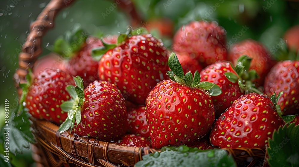 A close-up of freshly picked strawberries in a basket.