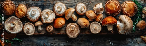 Forest Mushroom Delight: Fresh and Dried Boletus Edulis, Penny Bun Cep, Porcini Mushroom and Rosemary on Old Wooden Cutting Board - Dark Food Photography Background photo