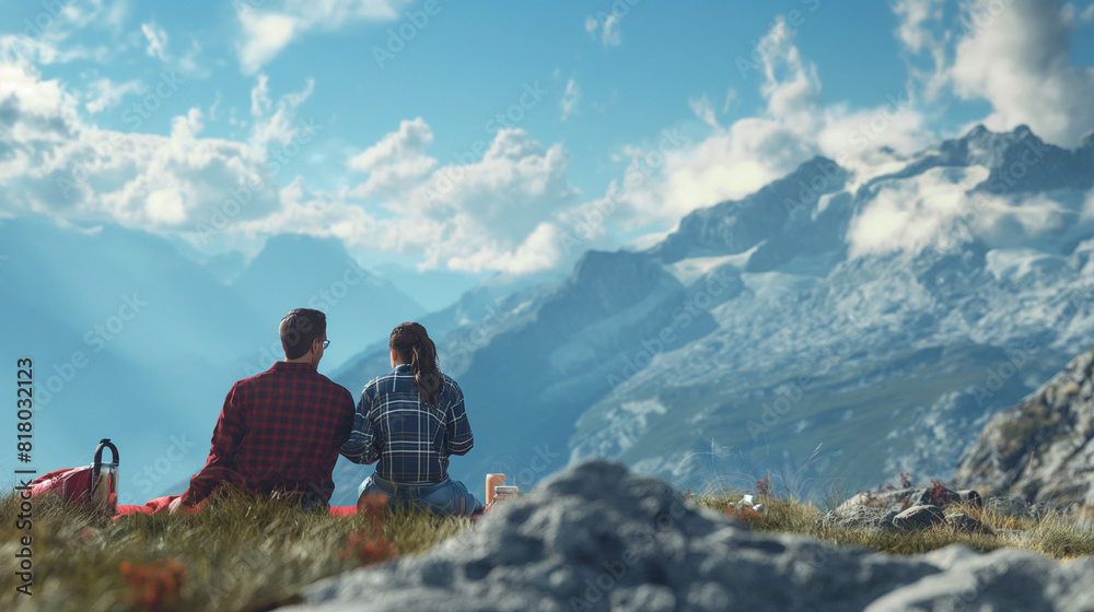 Fototapeta premium Back view of a young hiking couple in love & enjoying a picnic in a mountain with a sunset view in summer. Traveling with nature, relaxing girl & boy.