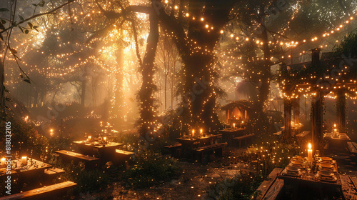 A whimsical candlelight dinner in a magical forest  surrounded by twinkling fairy lights