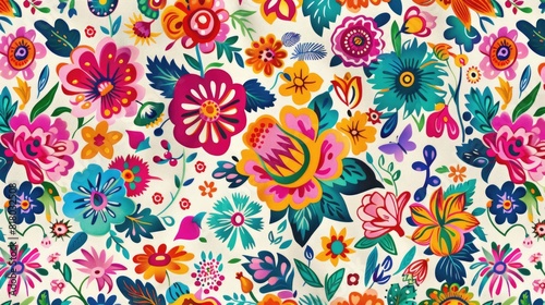 Vibrant Mexican Flora Textile Print  All-Over Pattern  Flat Colors 