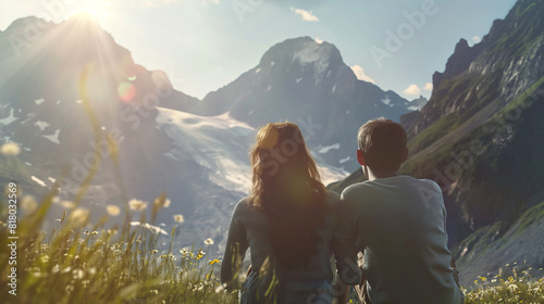 Back view of a young hiking couple in love & enjoying a picnic in a mountain with a sunset view in summer. Traveling with nature, relaxing girl & boy. photo