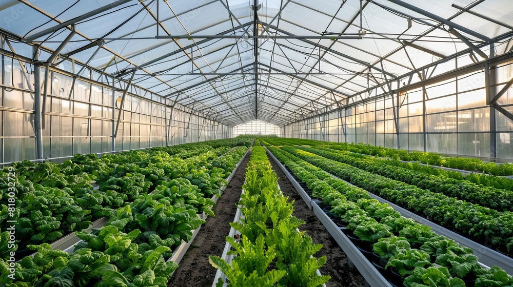 Modern greenhouses, representing sustainable agriculture and food production Modern greenhouses, representing sustainable agriculture and food production