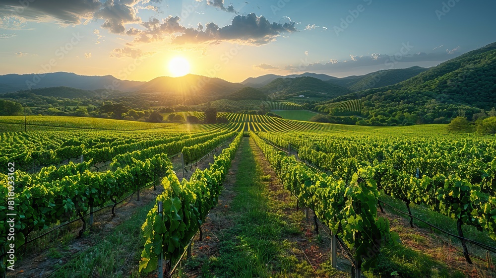 A picturesque vineyard with rows of grapevines stretching into the distance.