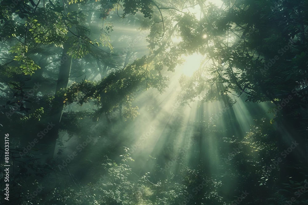 Fototapeta premium Mystical forest with sunlight streaming through, evoking tranquility and exploration