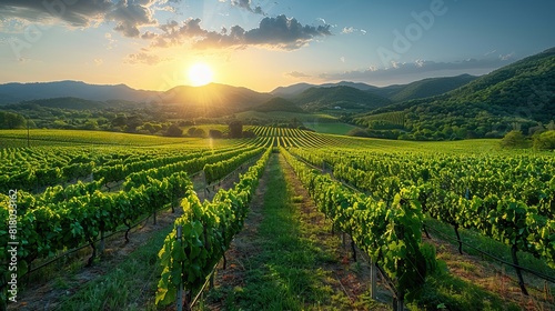 A picturesque vineyard with rows of grapevines stretching into the distance.