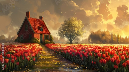 A background artwork of a cozy Dutch countryside cottage nestled among tulip fields, blending with a contemporary romanticism art style. #818033384