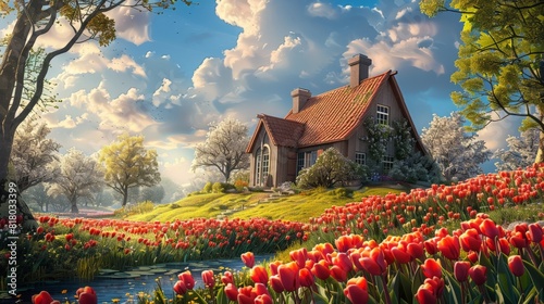 A background artwork of a cozy Dutch countryside cottage nestled among tulip fields, blending with a contemporary romanticism art style. #818033399