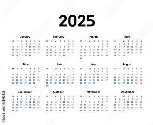 2025 year calendar starting with Mondays, featuring a geometric and simple design