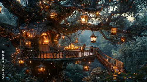 A candlelit dinner in a treehouse, with lanterns hanging from the branches and a view of the forest canopy.