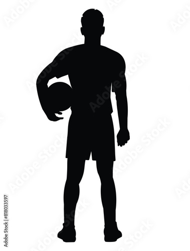 Black silhouette of a volleyball player from the back who stands with a ball under his arm