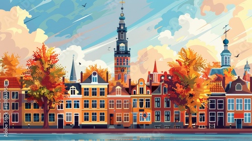 An illustration of the historic city center of Delft with its iconic leaning tower, blending with a modernist art style, with simplified forms and bold colors.