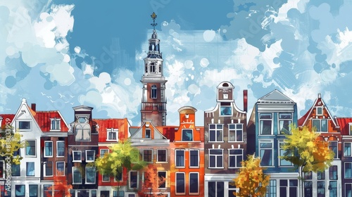 An illustration of the historic city center of Delft with its iconic leaning tower, blending with a modernist art style, with simplified forms and bold colors.