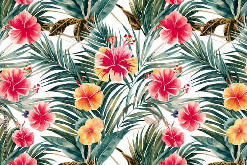 Colorful tropical pattern with bright hibiscus flowers and exotic palm leaves. Exotic floral jungle backdrop. Botanical wallpaper. 