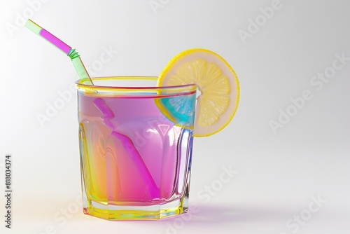 A refreshing summer drink in a neon pastel-colored glass with a straw and a slice of lemon