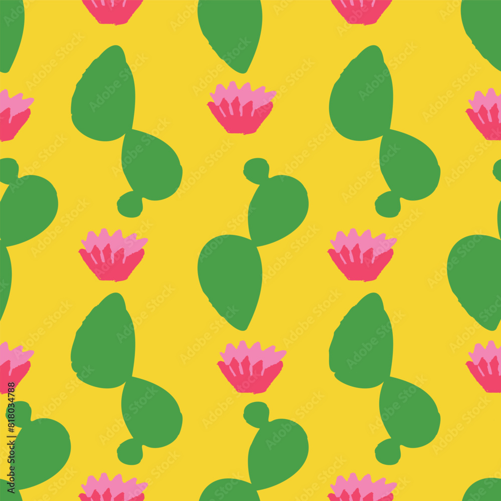 Abstract minimal cactus plant seamless pattern design on yellow backdrop