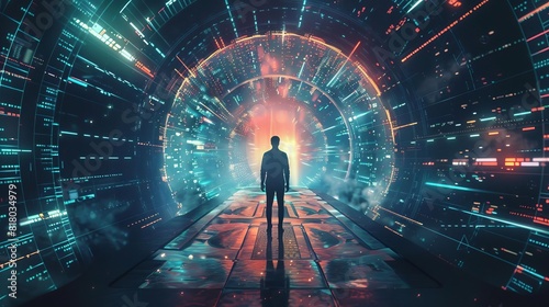 Person standing in a futuristic digital environment