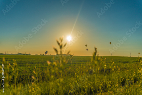 hot air balloons over rural landscape