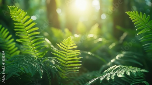 Serene Bali Forest  Close-Up of Lush Green Ferns in Sunlight  Creating a Beautiful Natural Floral Background