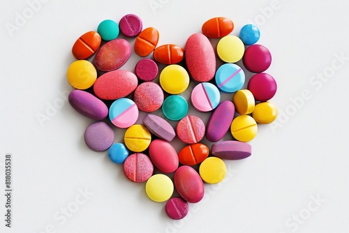 Pills arranged in a heart shape on a white background