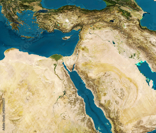 Physical map of the world, satellite view of the Middle East. Africa, Asia. Reliefs and oceans. Elements of this image are furnished by NASA