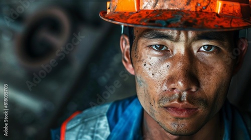 Portrait of a worker wearing a safety helmet, symbolizing industrial labor photo