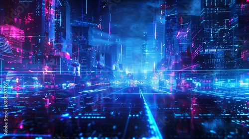 Futuristic Digital Cityscape with Neon Lights and Data Streams