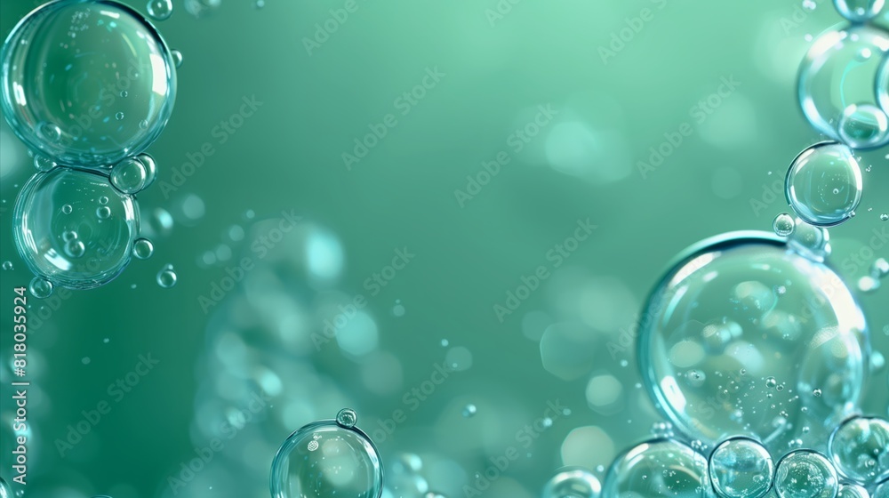 Abstract Close-Up of Transparent Bubbles Floating in a Green Liquid