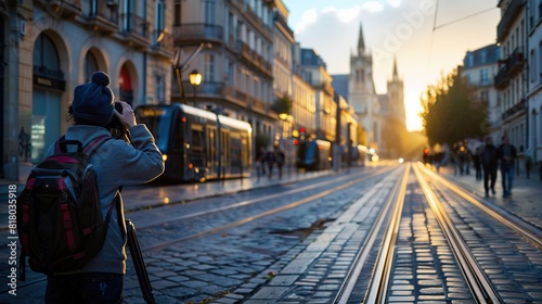 Photographer taking photo on street with tram rails and Saint Andre Cathedral in Bordeaux, France  photo