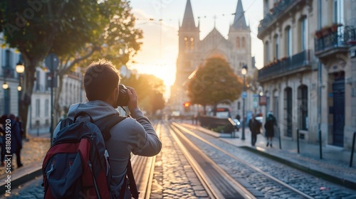 Photographer taking photo on street with tram rails and Saint Andre Cathedral in Bordeaux, France 