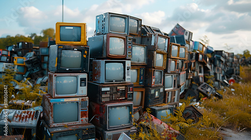 Huge Pile of E-Waste Waiting to Be Recycled, Vintage Analog Appliances in a Junkyard  © Amjid