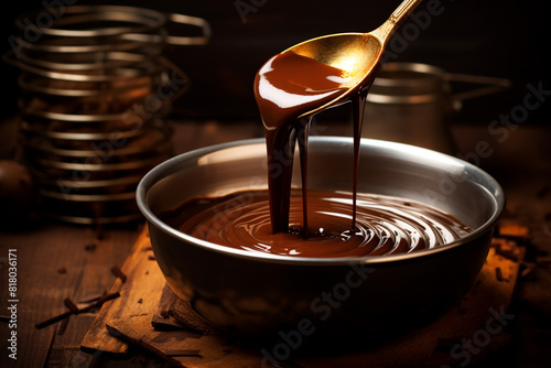 whisking dripping melted chocolate sauce in a bowl on a dark background