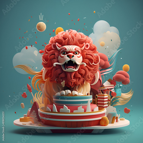 Cute three-dimensional lion cartoon image Three-dimensional lion toy, red lion, Generative AI