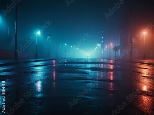 Wet Asphalt with Neon Light Reflections and Smoke, Abstract Light in Dark Empty Street at Night Scene.