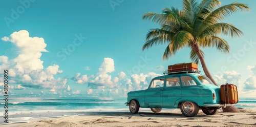 Summer travel banner with car, luggage and sea elements. © Sina