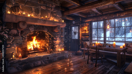 A cozy table for two in a rustic log cabin, with a roaring fireplace and candles casting a warm glow. © Laraib