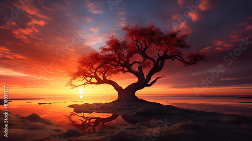 A lone  twisted tree silhouetted against a vibrant sunrise  its branches reaching towards the sky.