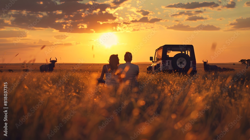 Fototapeta premium couple sitting on the floor Grass and a jeep in the grass field with wild animals in the background, the sunset