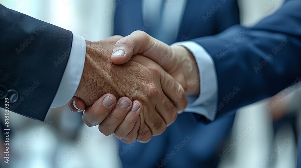 Two businessmen shaking hands in front of a group of people in a professional setting