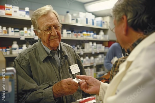 Senior man receiving prescription medication from a pharmacist © nattapon98