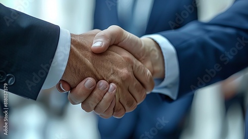 Two businessmen shaking hands in front of a group of people in a professional setting