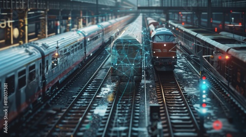 Generate a scene of a train yard with IoT sensors monitoring the condition of rail tracks and rolling stock, using a sleek industrial aesthetic. --ar 16:9 --s