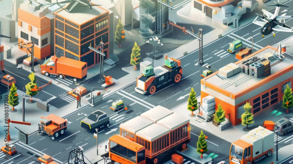 Generate an illustration of an automated cargo delivery network with drones and AGVs coordinating deliveries in a seamless, high-tech urban environment Generate an illustration of an automated cargo delivery network with drones and AGVs coordinating deliveries in a seamless, high-tech urban environment