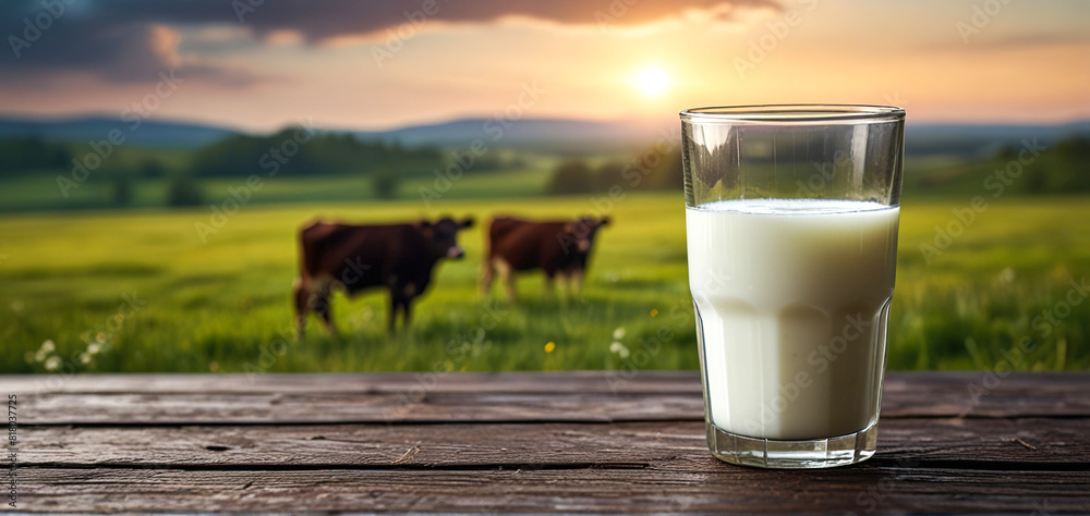 Fresh milk in glass on a wooden table, Landscape background with cows and milk Fresh milk in glass on a wooden table, Landscape background with cows and milk