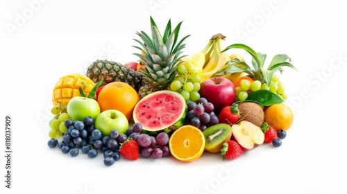 A variety of fruits are arranged together on a white background.