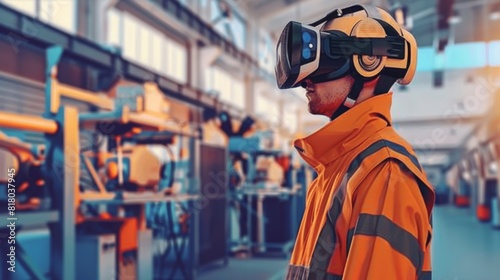 Generate an illustration of technicians using virtual reality (VR) for maintenance and inspection tasks, featuring immersive VR headsets and realistic virtual environments --ar 16:9  photo