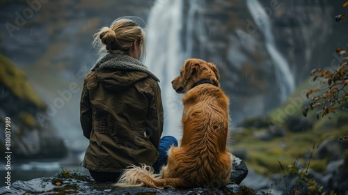 Waterfall Companions: Friends and their Canine Enjoying Nature's Beauty photo