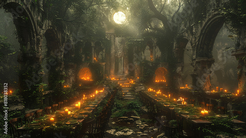 A candlelit dinner in a forgotten ruins, with ivy-covered walls and the moon peeking through the crumbling arches.
