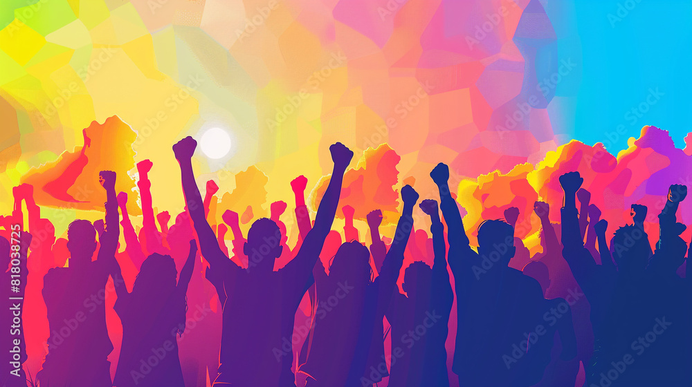 A group of people are standing in a field celebrating victory or success. A group of people are standing in a field celebrating victory or success.