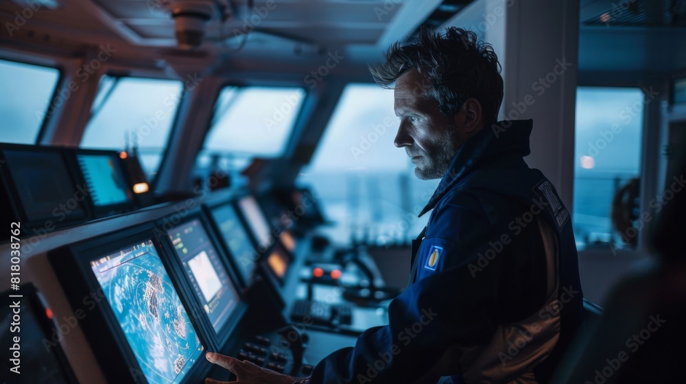 Illustrate a scene of ship captains consulting weather data on digital displays, with real-time updates on storm patterns and sea conditions, aiding in route planning and safety Illustrate a scene of ship captains consulting weather data on digital displays, with real-time updates on storm patterns and sea conditions, aiding in route planning and safety